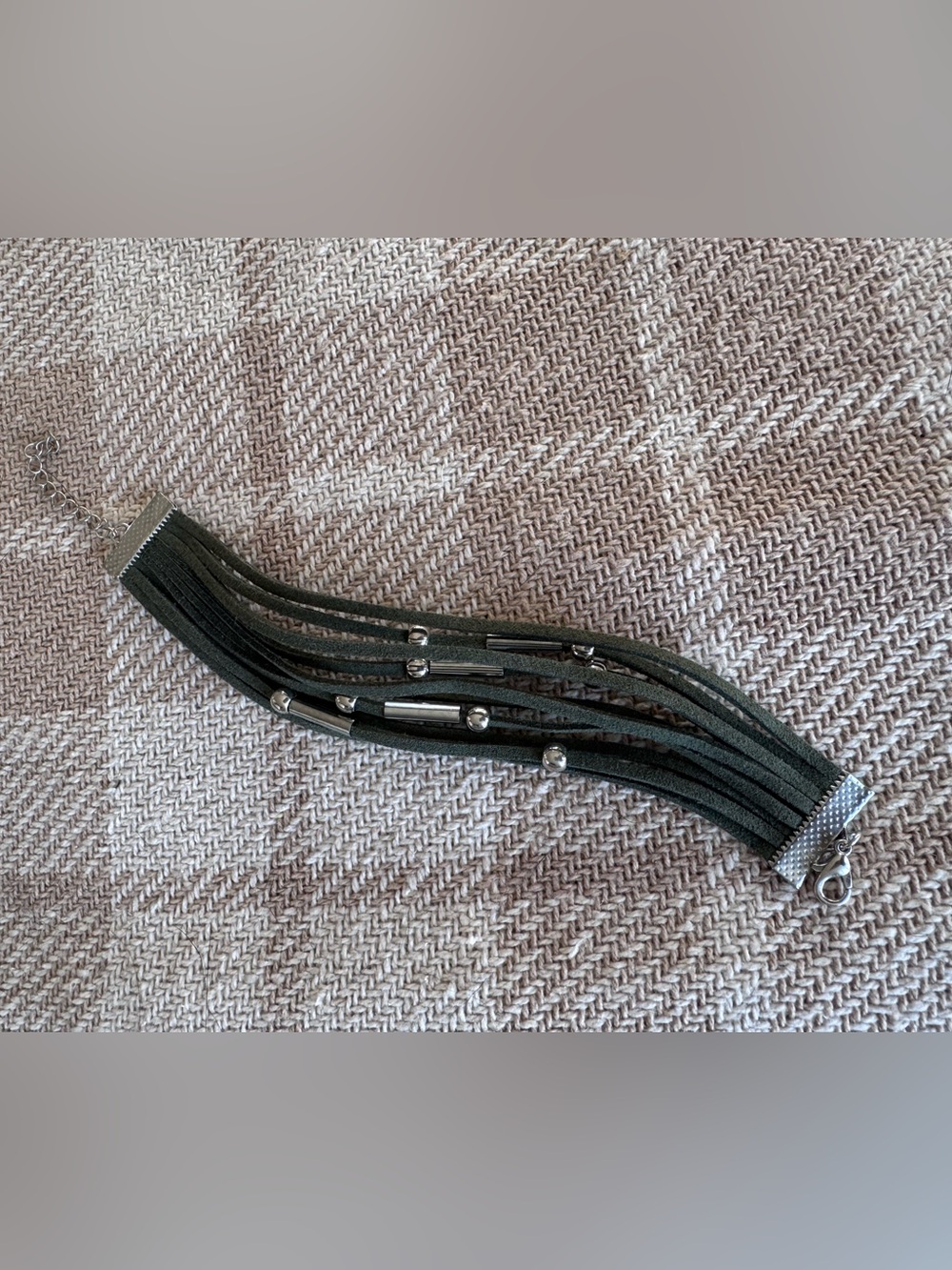 Olive Green Multi-Strand Suede and Silver Bead Bracelet